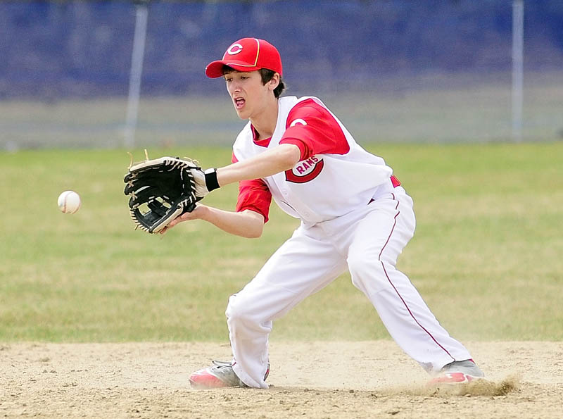 MAKE THE PLAY: Cony shortstop shortstop Thomas Foster fields a ball hit during the Rams’ 9-1 win against Erskine Acadmey on Friday at Erskine Academy’s Caswell Field in South China.