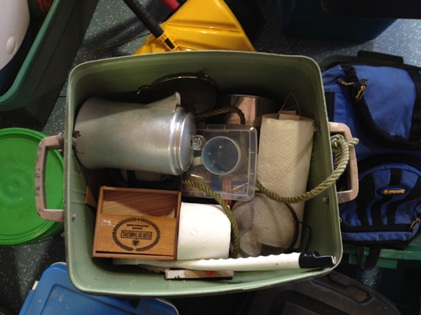 A coffee pot and other items from North Pond hermit Christopher Knight's camp is shown Thursday at Pine Tree Camp in Rome.