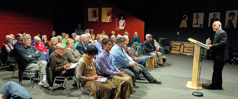 Reza Jalali speaks at the Maine Holocaust and Human Rights Center as part of the Capital Reads program on Wednesday in Augusta.