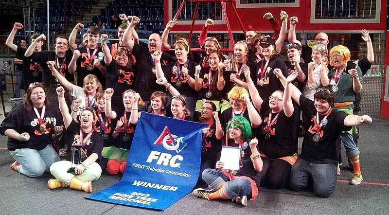 Messalonskee High School's robotics club celebrates it first-place finish at the Pine Tree FIRST Robotics Competition Saturday in Lewiston.