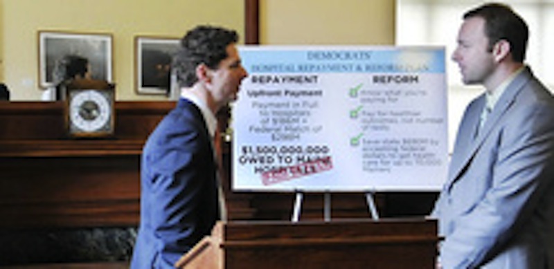 Maine Senate President Justin Aflond, left, and Speaker of the House Mark Eves