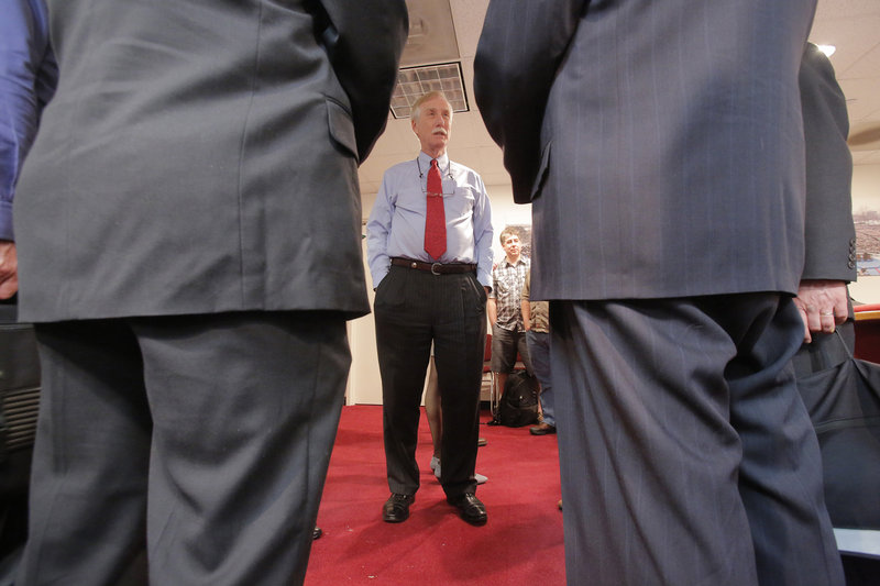 Sen. Angus King speaks with Mainers Jimmy Carrier, left, and Bob Hamer on Wednesday during Capitol Coffee with Angus, a weekly session King holds for his constituents in Washington, D.C.
