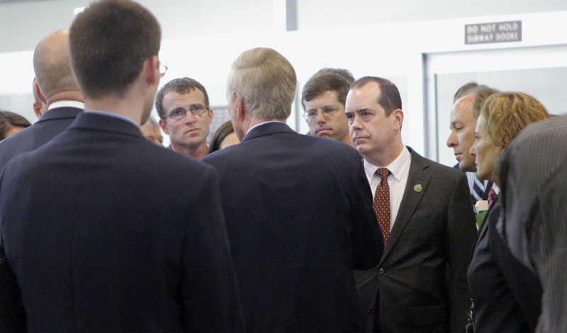 Shortly before a vote on the gun-control debate in the Senate on Thursday, Sen. Angus King speaks with some of the parents of victims from the Sandy Hook Elementary School shooting last December.