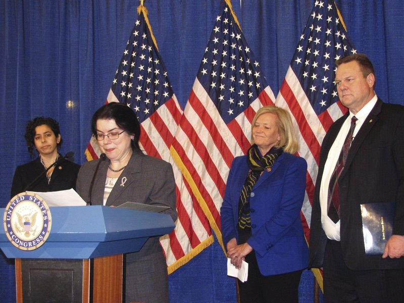 Milbridge resident Ruth Moore pauses while discussing a bill bearing her name that aims to relax the rules for military sexual assault survivors seeking disability benefits from the Department of Veterans Affairs. The bill's two primary sponsors – U.S. Rep. Chellie Pingree of Maine and Sen. Jon Tester of Montana – as well as Anu Bhagwati of the Service Women's Action Network, at left, also spoke at the press conference on Wednesday announcing the bills.