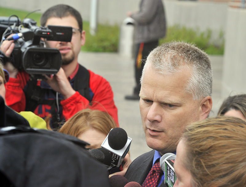 Kyle Dube's attorney, Stephen Smith, talks to the media Wednesday, May 22, 2013 after Dube was arraigned in Penobscot County Superior Court for allegedly killing 15-year-old Nichole Cable. An objection to a judge's decision to seal a police affidavit in the killing of Cable has been filed by a lawyer for the Portland Press Herald/Maine Sunday Telegram, and The Associated Press.