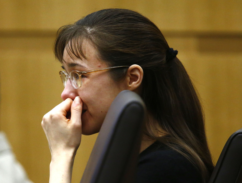 Jodi Arias cries as she listens to Steven Alexander, brother of murder victim Travis Alexander, speak to the jury Thursday during the penalty phase of her trial at Maricopa County Superior Court in Phoenix.