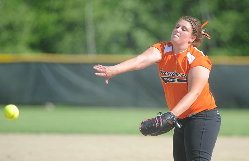 AND THE PITCH: Gardiner High School’s Brittany Rollins pitches in the first inning against Oceanside High School in the Kennebec Valley Athletic Conference Class B championship game on Friday in Winslow. Oceanside won the game 4-0.