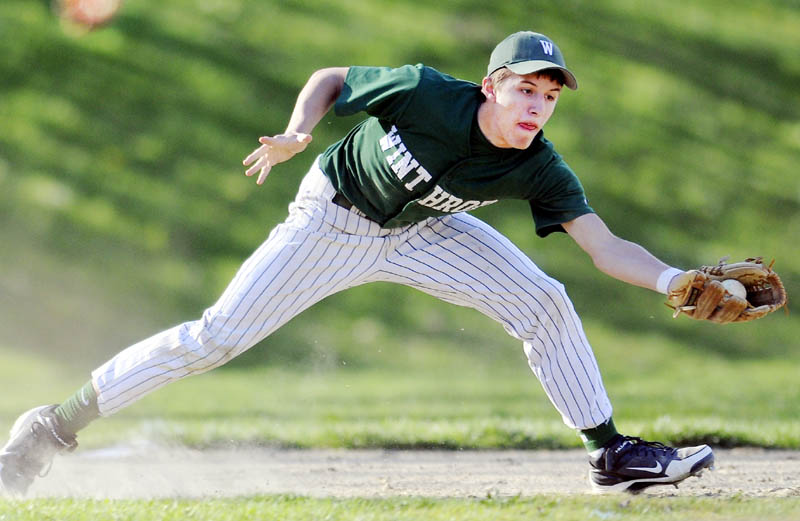 INTO THE GLOVE: Winthrop’s Zach Steele snags a liner at third base against Monmouth on Monday in Monmouth.