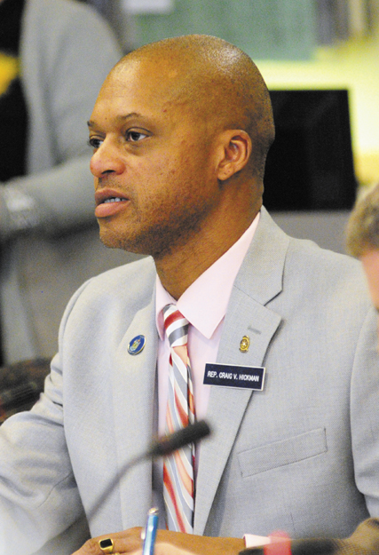 Committee member Rep. Craig Hickman (D-Winthrop) asks a question during a recent hearing on L.D. 718, An Act to Protect Maine Food Consumers' Right to Know About Genetically Engineered Food and Seed Stock, before the Joint Standing Committee on Agriculture, Conservation and Forestry held in the Cross State Office Building in Augusta.