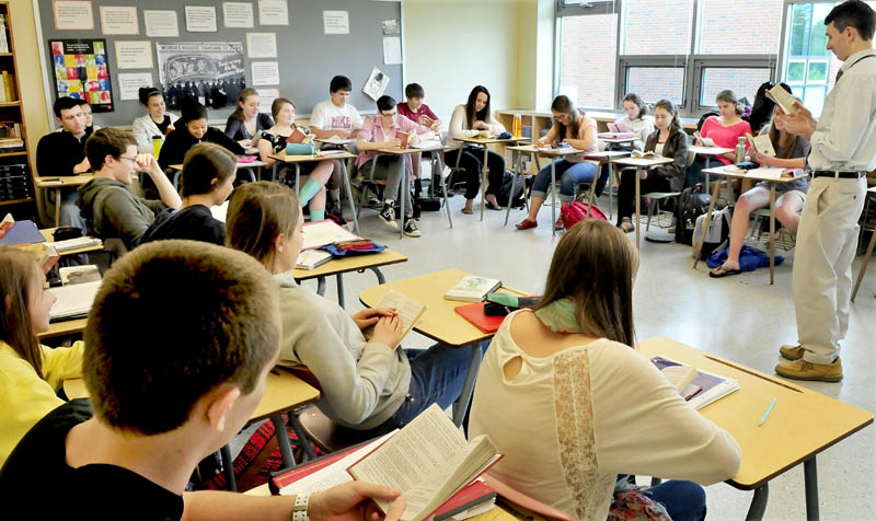 Waterville Senior High School teacher Tom Creeley leads an English class on Wednesday. Waterville and Winslow high schools are among the best in the state, according to a report released by U.S. News & World Report magazine.