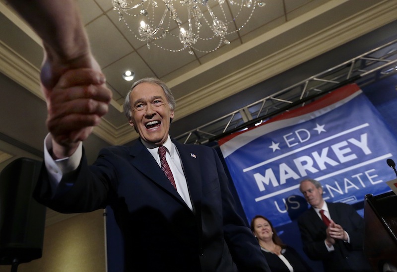 U.S. Senate candidate Ed Markey shakes hands with a supporter in Boston, Tuesday, April 30, 2013 as he celebrates winning the Democratic primary for the special U.S. Senate election. Markey and Republican former Navy SEAL Gabriel Gomez won their party primaries Tuesday, setting up a race between a 36-year veteran of Washington politics and a political newcomer for the U.S. Senate seat formerly held by John Kerry. (AP Photo/Elise Amendola)