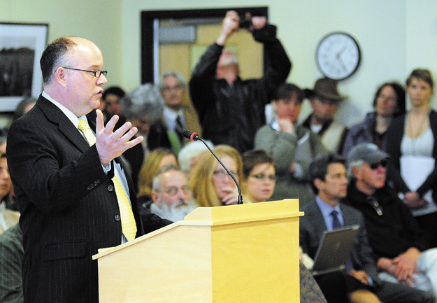 Rep. Lance Harvell, R-Farmington, introduces L.D. 718, An Act to Protect Maine Food Consumers' Right to Know About Genetically Engineered Food and Seed Stock, in a crowded hearing room before the Joint Standing Committee on Agriculture, Conservation and Forestry on April 23.