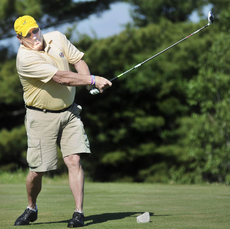 Gov. Paul LePage tees off Monday during the 8th annual Marlee Johnston Golf Tournament at the Belgrade Lakes Golf Club. Sponsored by Kents Hill School, the tournament has raised more than $100,000 for the Marlee Johnston Memorial Scholarship Fund since it began. Established in 2006 by Marlee's parents, Ted Johnston and Marlene Thibodeau, the money helps day students attend the private school in Readfield, in memory of the Fayette 14-year-old who was murdered in 2005.