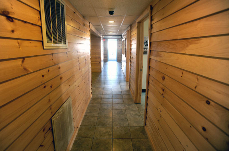 The hallway entering the lobby at the newly renovated Robert LaFleur Municipal Airport in Waterville.