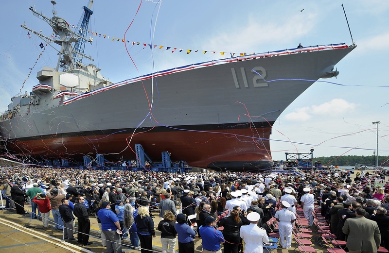 The christening of the Michael Murphy DDG -112 at Bath Iron Works in 2011. A $2.8 billion Navy contract, awarded to BIW on Monday, means not only job security for thousands of shipyard workers, but economic promise for the entire region, local business interests and residents say.