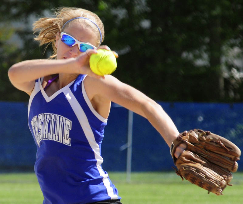 HERE’S THE PITCH: Erskine Academy pitcher Alyssa Gartley winds up to throw a pitch against Lawrence High School during an Eastern Class A preliminary-round game Tuesday at Erskine Academy in South China.