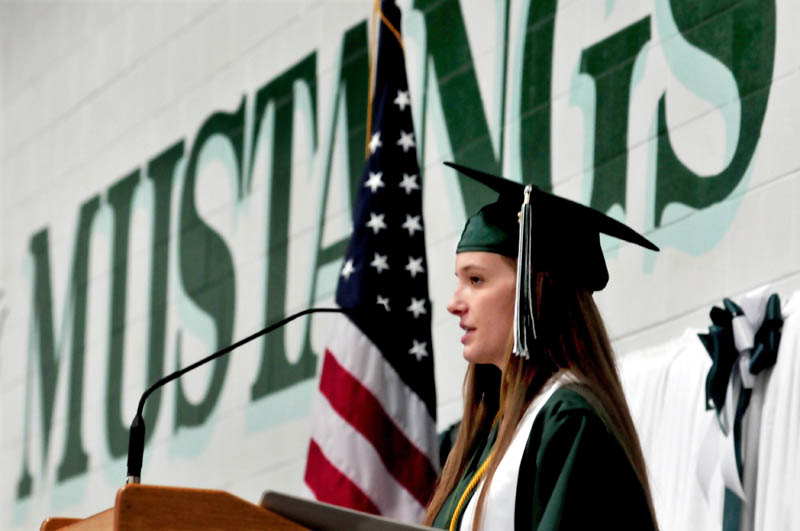 Mount View High School valedictorian Alexis Morse delivers her address to graduates during commencement in Thorndike on Saturday.