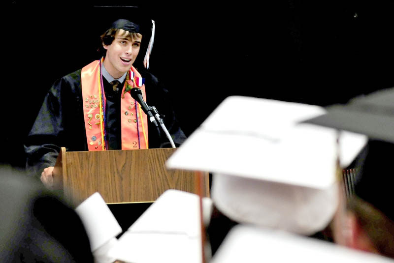Skowhegan Area High School student and senior class steward Samuel Wheeler speaks to graduates during commencement on Sunday.