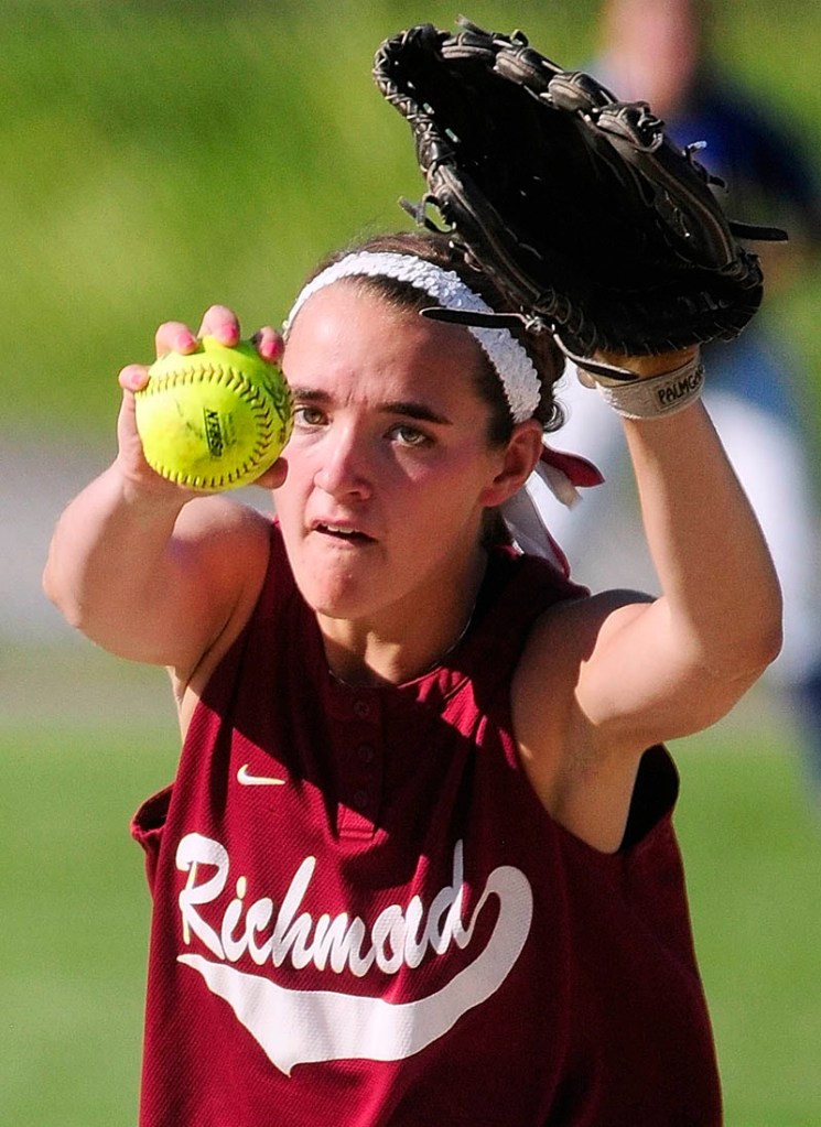 AND THE PITCH: Richmond pitcher Jamie Plummer winds up to throw to the plate during the C-D senior all-star softball game Thursday at Cony Family Field in Augusta.