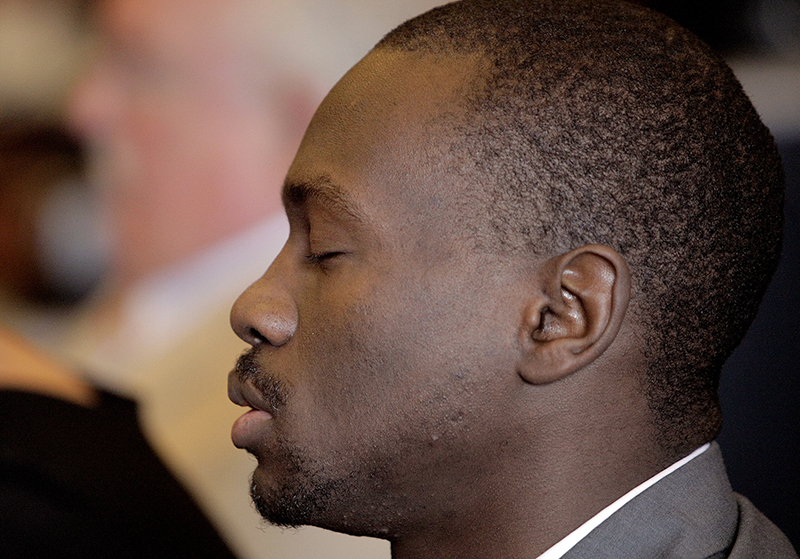 Gabe Souza/Staff Photographer Eric Gwaro reacts as the jury reads the verdict of not guilty on the charge of attempted murder at the conclusion of his trial Monday, July 29, 2013, in Cumberland County Court. Gwaro, however, was found guilty on a charge of aggravated assault, which carries a similar sentence.