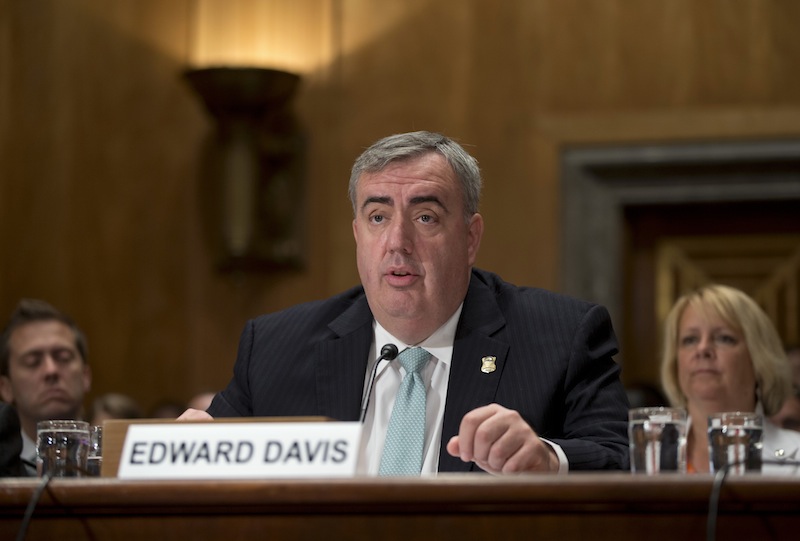 Boston Police Commissioner Edward Davis III testifies on Capitol Hill in Washington, Wednesday, July 10, 2013, before the Senate Homeland Security and Governmental Affairs Committee hearing to review the lessons learned from the Boston Marathon bombings. (AP Photo/J. Scott Applewhite)