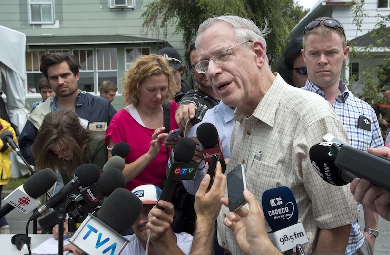 Rail World Inc. president Edward Burkhardt speaks to the media as he tours Lac-Megantic, Quebec, on Wednesday, July 10, 2013. A Rail World train crashed into the town killing 47 people. Burkhardt blamed the accident on an employee who he said had failed to properly set the brakes. (AP Photo/The Canadian Press, Paul Chiasson)