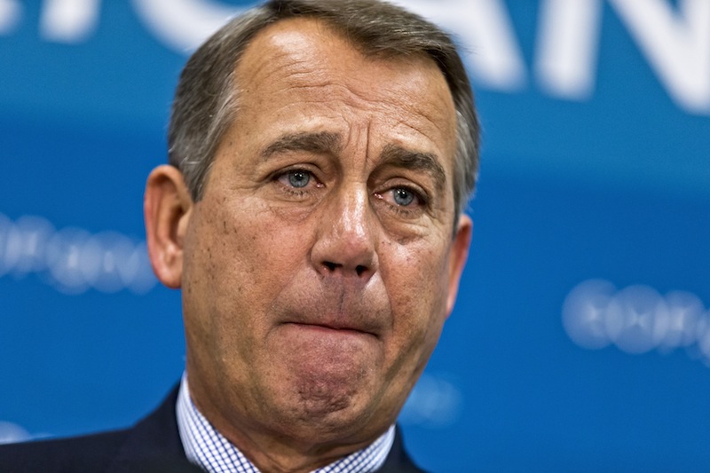 House Speaker John Boehner of Ohio, and GOP leaders, pauses while meeting with reporters on Capitol Hill in Washington, Tuesday, July 9, 2013, following a Republican strategy session. House Republicans confronting the politically volatile issue of immigration are wrestling with what to do about those already here illegally, with most Republicans reluctant to endorse citizenship for 11 million unauthorized immigrants but also shying away from suggestions of deportation. (AP Photo/J. Scott Applewhite)