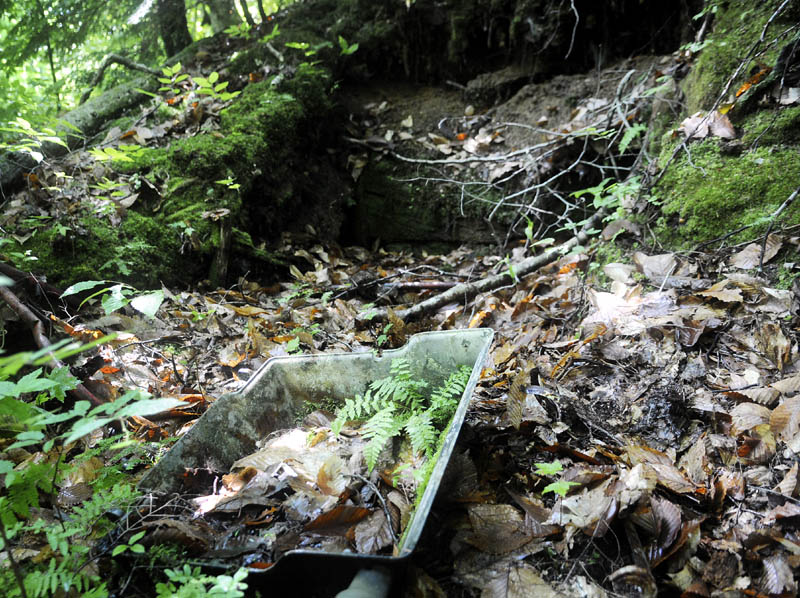 The overturned lid of a gas grill is covered in leaves in the collapse shelter in Rome that Garrett Hollands said was discovered in the late 1980s.