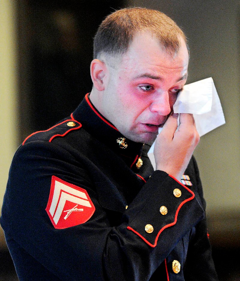 Clad in a Marine Corps dress uniform, Travis Lawler, 23, formerly of Oakland, cries before being sentenced today to nine years in prison, all but four yeas suspended, and four years' probation, at Kennebec County Superior Court, for convictions related to a June 2012 drunk driving accident that killed his sister, Kristin Lawler, 20, of Oakland, and her boyfriend, Jackson Bolduc, 25, of Belgrade.