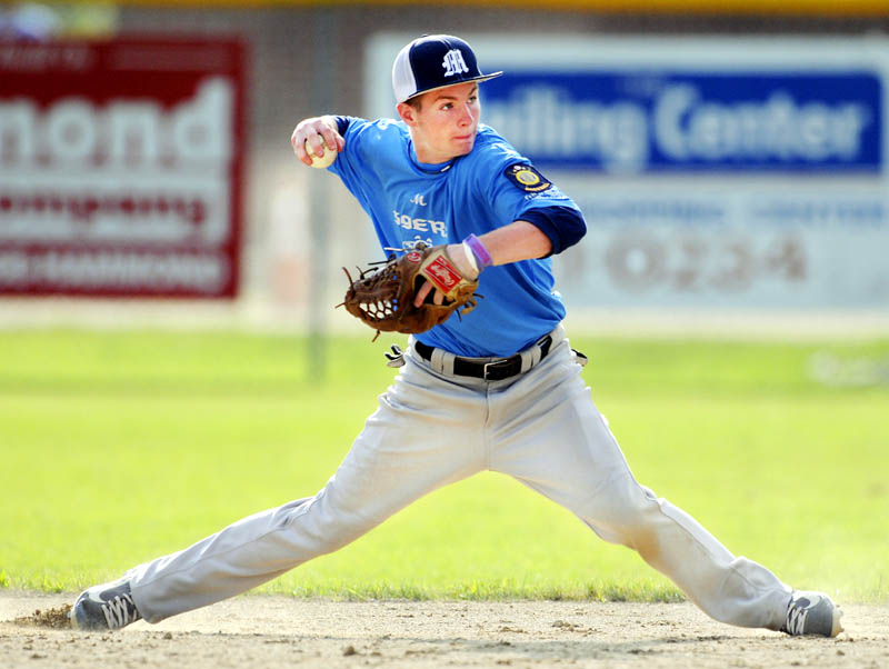 Tough throw: Madison’s Trevor Hisler throws to second during a game against Gardiner during the Zone 2 American Legion tournament Sunday in Augusta.