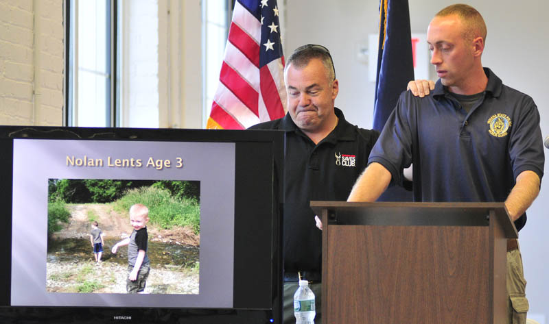 Ed Hinchey, of Safariland Saves Club, left, and Indiana State Police Trooper Jarrod Lents during an event on Wednesday at TexTech Industries in North Monmouth. Lents was shot on June 17 wearing a Safariland Summit Level II SM01 vest containing Tex Tech’s Core Matrix Technology.