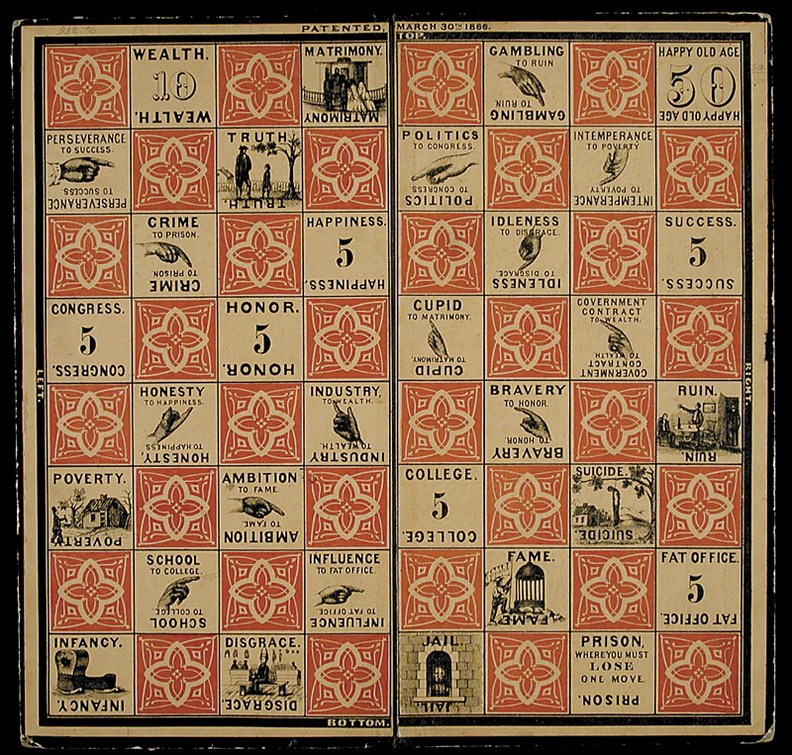 The board from Checkered Game of Life has spaces enough to gain 90 points. To win the game, however, a player needed 100 points. Milton Bradley, who invented the game, knew that in the game of life, you sometimes have to come back from failure to collect all the points you need. A presentation on the life of Milton Bradley is set for 7 p.m. Friday at Victor Grange in Fairfield Center.
