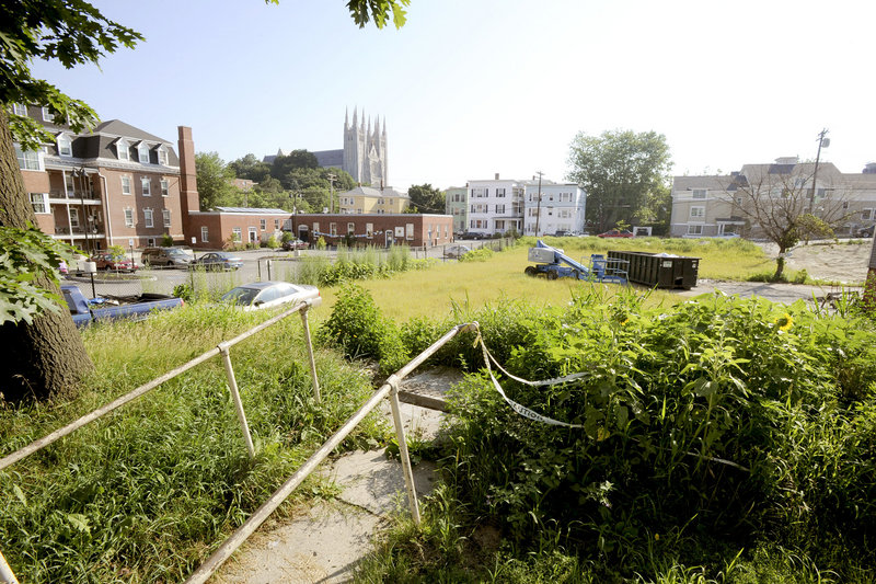 This view from Bates Street in Lewiston shows a portion of the now-cleared site of an arson fire that destroyed buildings at 105-111 Blake St., 172 Bates St. and 82 Pine St. on April 29. The city is working with the owner to determine the future of the site.