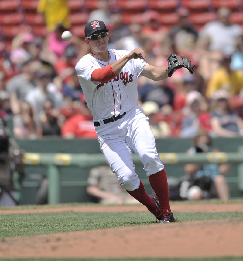 Portland Sea Dog third baseman Garin Cecchini throws to first for the out after fielding a slow roller in the third inning.