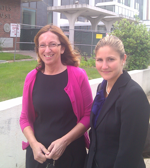 Carole Swan, left and defense attorney Caleigh Keevan are seen outside U.S. District Court in Bangor today, at the end of the second day of Swan's fraud trail.