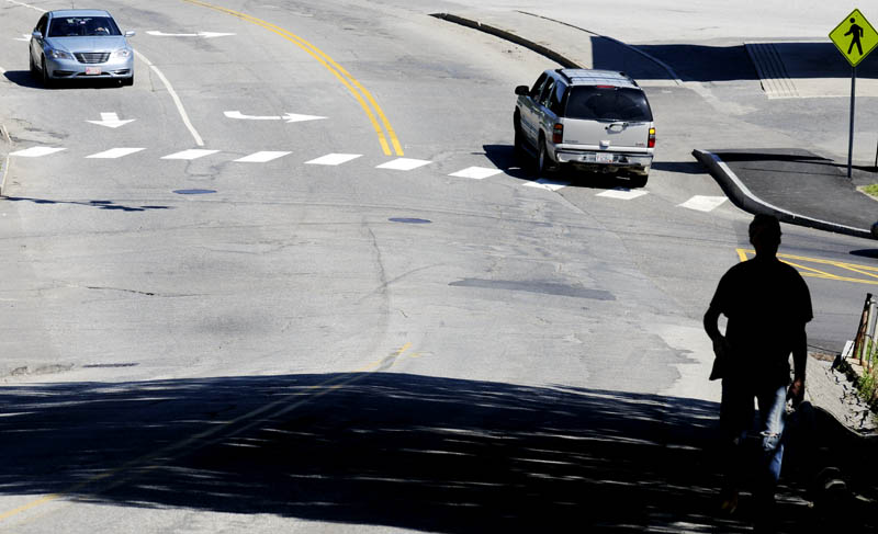 The intersection of Bond Street, right, State Street, foreground, and Mount Vernon Avenue, background, is pictured today. Repaving of Mount Vernon Avenue in Augusta could be among several projects funded by a $100 million transportation bond that legislators and the LePage administration are debating.