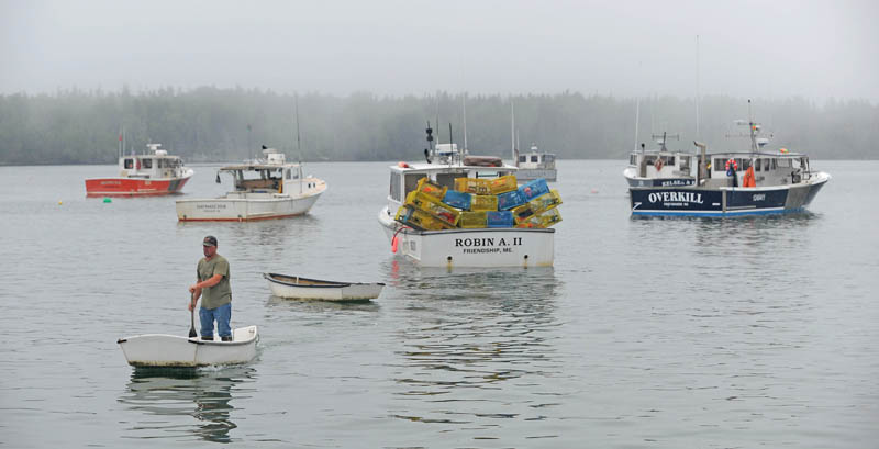 Jim Wotton, 44, paddles his way back to the pier from his 44-foot lobster boat, Overkill, in Friendship Harbor, after a 12-hour day of fishing lobster on July 29.