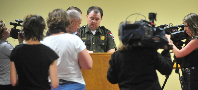 Lt. Kevin Adam, with the Maine Warden Service, speaks with reporters during a press conference about missing Appalachian Trail thru-hiker Geraldine Largay, 66, at the Sugarloaf Mountain Hotel conference center in Carrabassett Valley today.