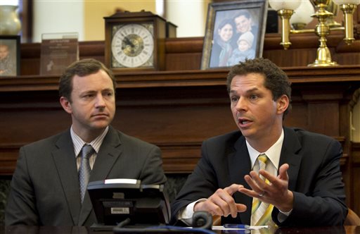 Senate President Justin Alfond, D-Portland, right, and House speaker Mark Eves, D-North Berwick, speak to reporters at the State House in Augusta. Gov. Paul LePage said Wednesday that there may be a breakthrough in the stalemate between his administration and Democratic legislative leaders over a state borrowing plan for road and bridge projects and improvements at higher education campuses.