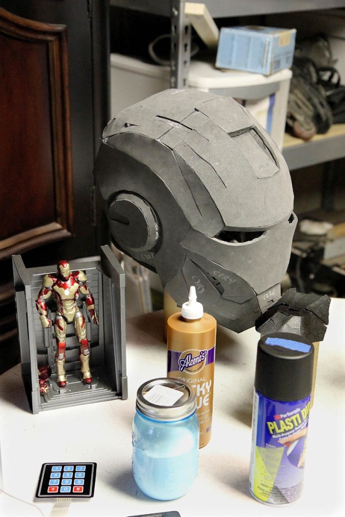 Materials for Thomas Lemieux's life-size Iron Man costume, in the basement of his Oakland home recently.