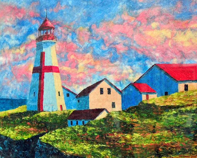 This is a detail shot of one of Roland Simard's pigmented pulp pieces on display during the 26th annual Winthrop Sidewalk Art Show today in downtown Winthrop.