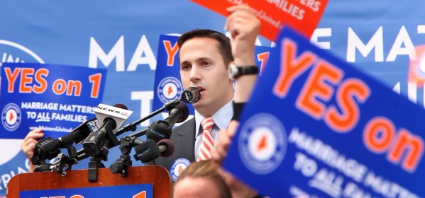 In this Sept. 2012 file photo, Matt McTighe at a rally at Portland City Hall supporting the same-sex marriage referendum. McTighe will serve as Mike Michaud's campaign manager during his gubernatorial run.