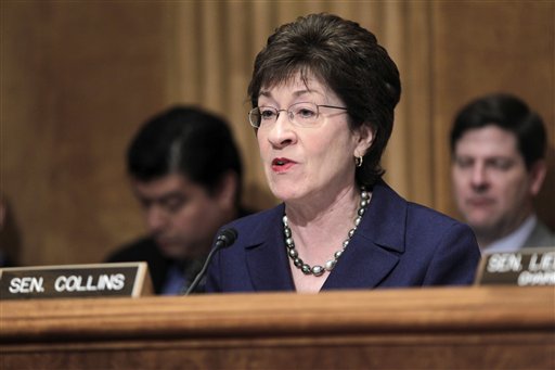 In this March 2011 file photo, Senate Homeland Security and Governmental Affairs Committee ranking Republican Sen. Susan Collins, R-Maine, speaks on Capitol Hill in Washington. After a mass shooting at the Washington Navy Yard, Collins and other lawmakers raised questions Tuesday about whether military contractors are being vetted adequately for security clearance at federal facilities. (AP Photo/J. Scott Applewhite)