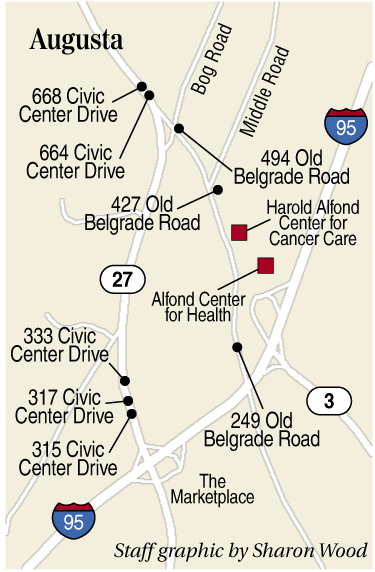 This map shows the locations of eight homes in the vicinity of the Alfond Center for Care that are being sold as commercial properties.