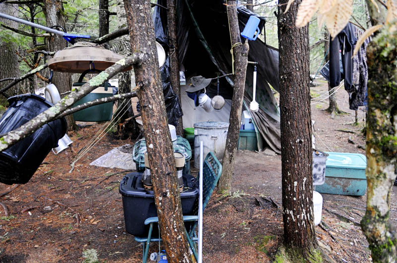 Staff photo by Andy Molloy Christopher Knight's camp Tuesday April 9, 2013 in a remote, wooded section of Rome. Police believe Knight, who went into the woods near Belgrade in 1986, was a hermit who committed hundreds of burglaries to sustain himself.