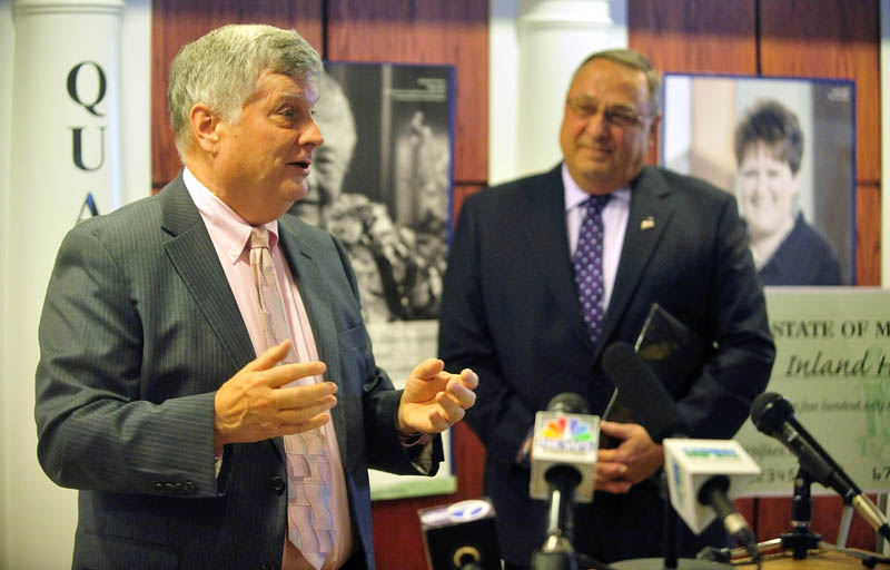 John Dalton, president and CEO of Inland Hospital, introduces Gov. Paul LePage during a press conference at Inland Hospital in Waterville on Wednesday. Gov. LePage made the appearance to announce repayment of state Maine Care debt to Maine's 39 hospitals including $9.5 million to Inland Hospital.