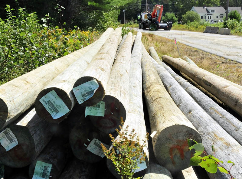 A pile of pine logs lays along the now-closed Whittier Road in Farmington, as a worker from E.L. Vining & Son prepares to unload one of two excavators today. The equipment will be used starting Tuesday to reinforce the eroding bank between the road and the Sandy River.
