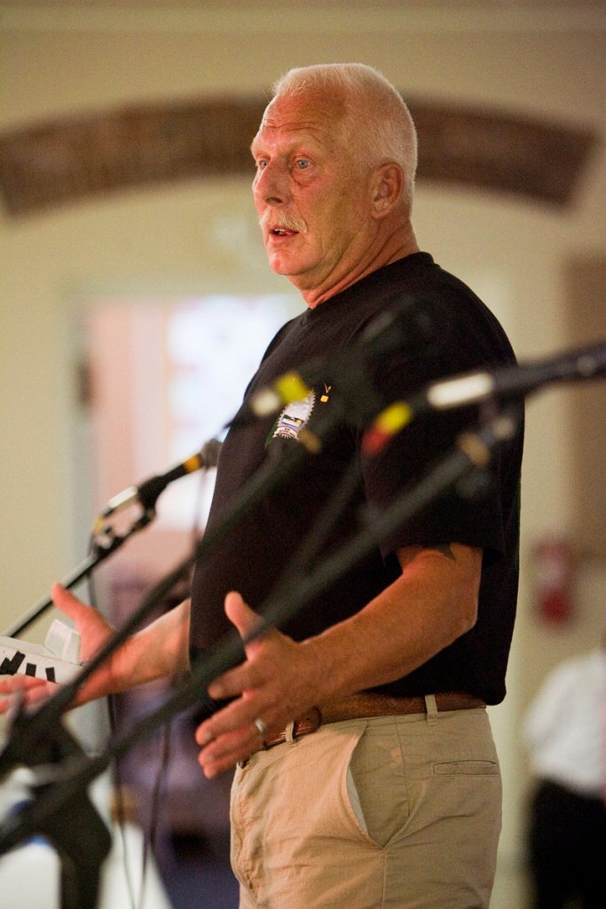 Maine Lobstermen’s Union President Rock Alley speaks during the Labor Day breakfast at the Irish Heritage Center.