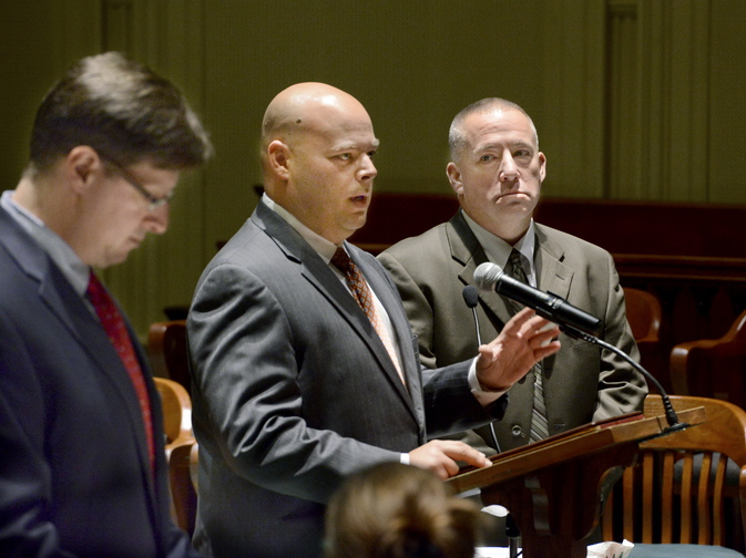 Michael Warbin, right, with his attorney Jonathan Berry, pleads not guilty during his arraignment in Androscoggin County Superior Court in Auburn on Thursday, Oct. 31, 2013. Deputy District Attorney Andrew Robinson is at left.