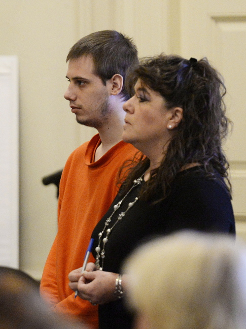 Gordon Collins-Faunce appears in York County Superior Court in Alfred with his attorney Amy Fairfield on Wednesday, when he pleaded guilty to killing his infant son last year.
